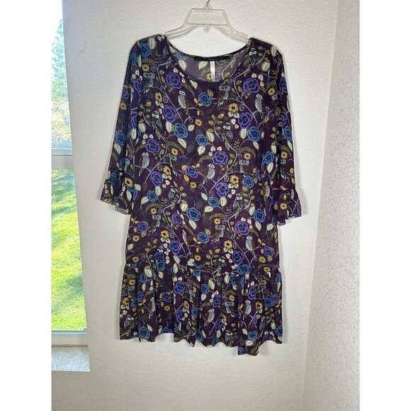 Kensie Tunic Dress Sheer Womens Fall Dress Halloween Dress Owls Plum Floral Sz L - Picture 13 of 13